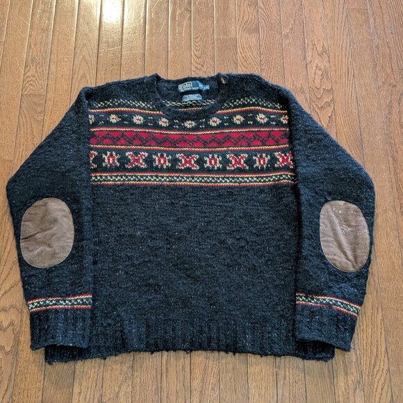 Polo Ralph Lauren Vintage Wool Linen Silk Fair Isle Elbow Patch Sweater - Size L - Picture 1 of 6